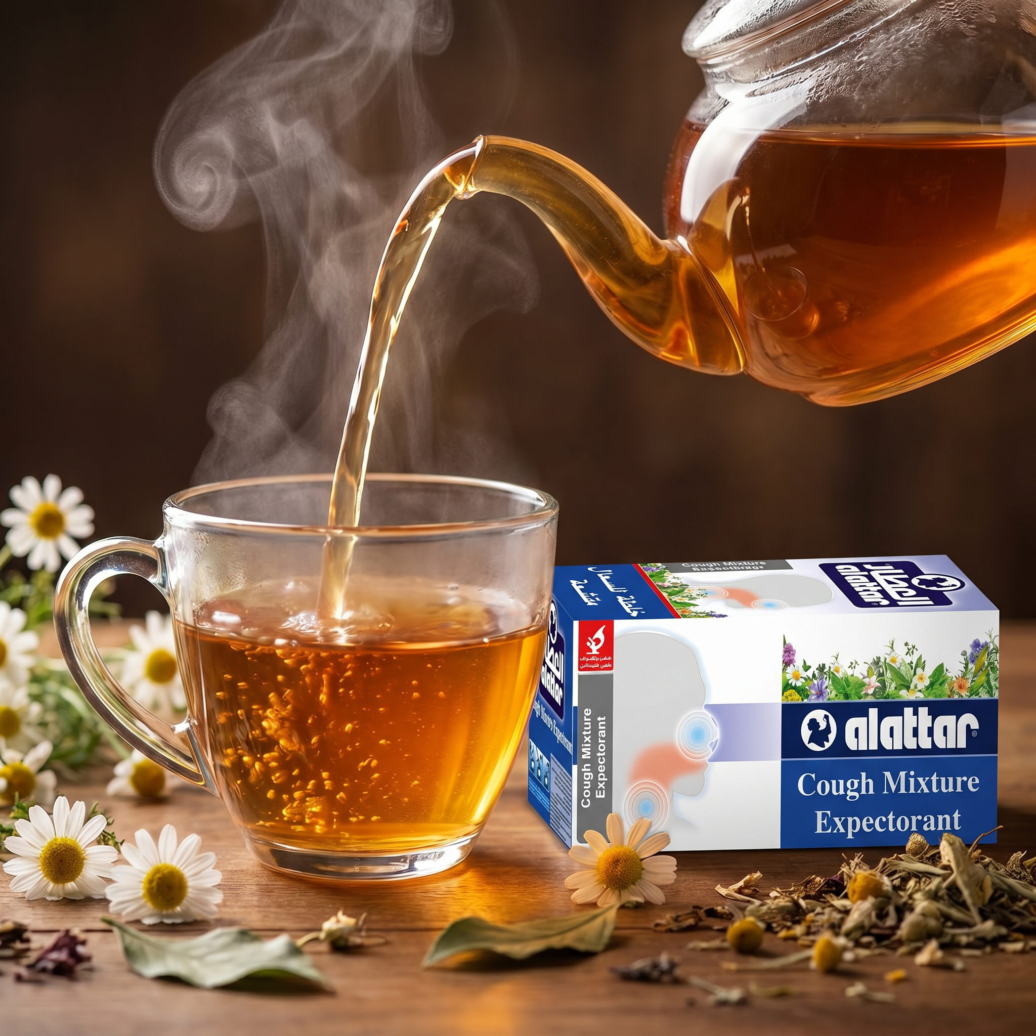 AlAttar Herbal Cough Mixture box with 20 bags, expectorant for throat relief, featuring herbal ingredients and natural remedy packaging.