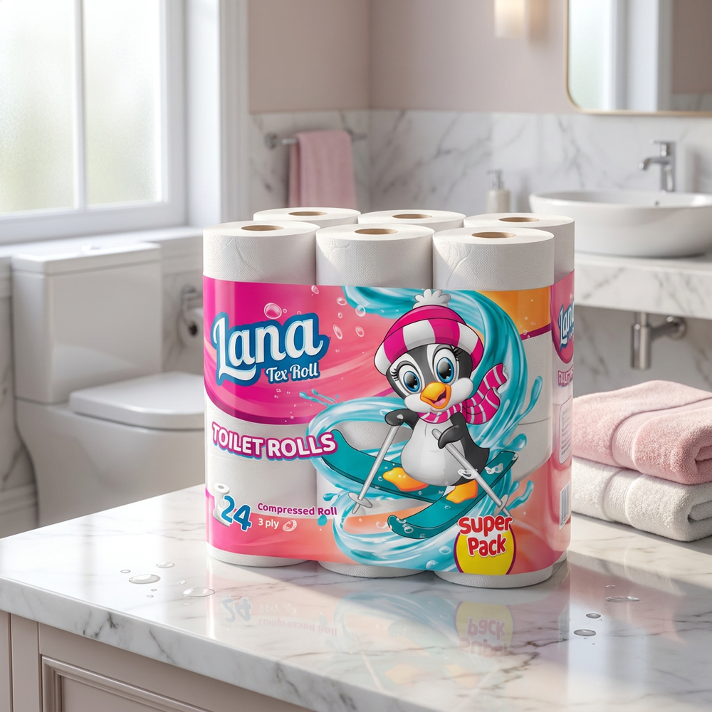 Lana 3-Ply Toilet Paper 24-count compressed soft rolls, showing neatly stacked rolls with soft, plush texture.