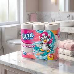 Lana 3-Ply Toilet Paper 24-count compressed soft rolls, showing neatly stacked rolls with soft, plush texture.