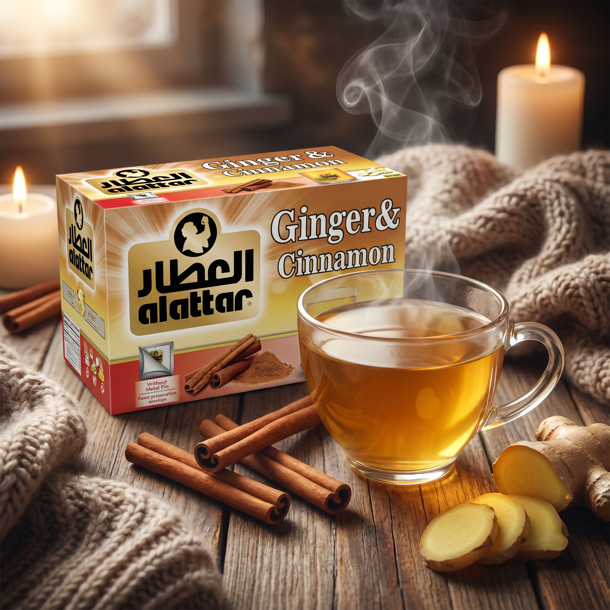 Al-Attar Ginger and Cinnamon Tea boxes with 20 bags each, featuring a wellness drink brand for flavorful, aromatic herbal tea.