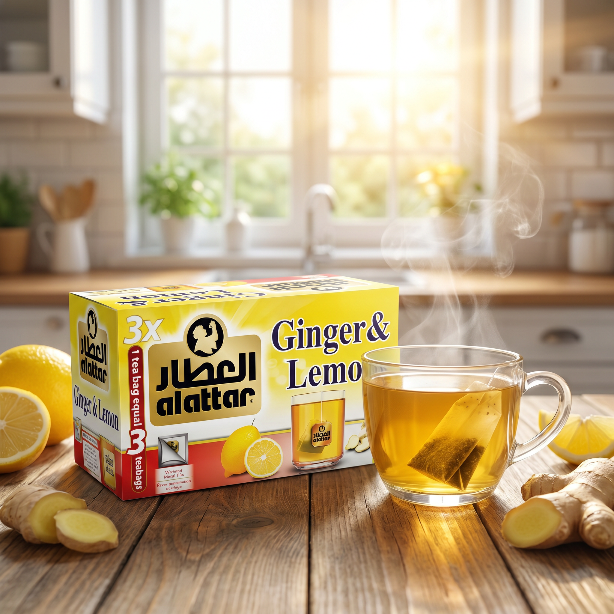 AlAttar Ginger & Lemon Tea boxes, 20 count each, featuring fresh ginger and lemon flavors for wellness and soothing hot drinks.