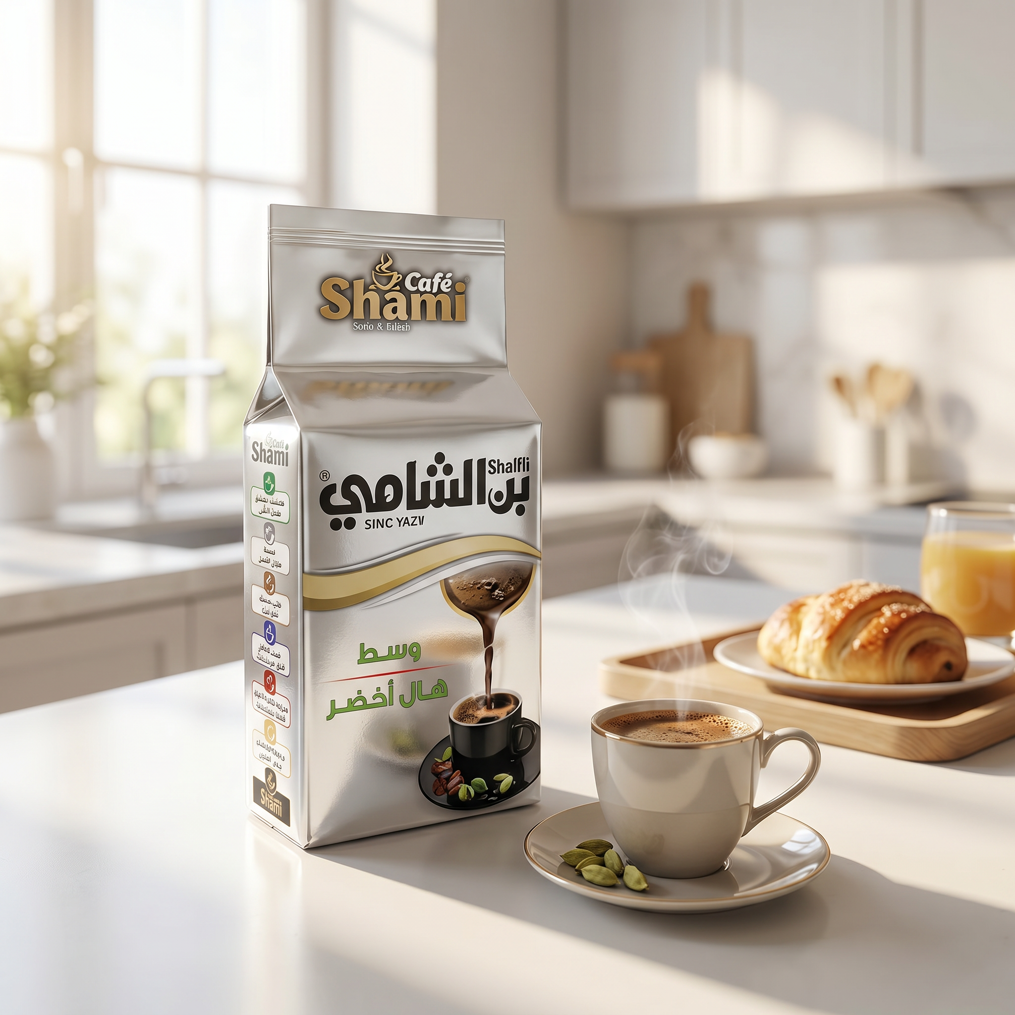 Shami Cafe Café Shami Turkish Coffee Medium Roast with Green Cardamom in 200g package, showing the coffee grounds and packaging.