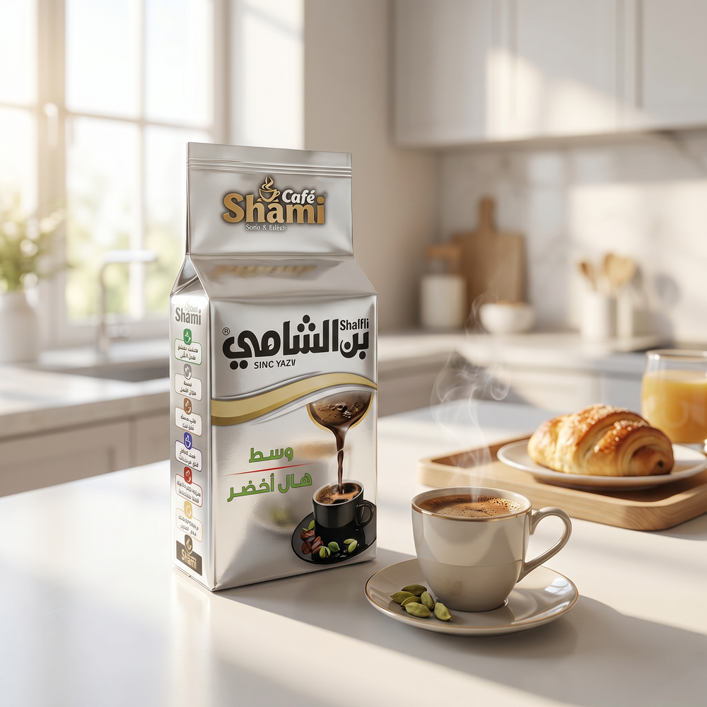Shami Cafe Café Shami Turkish Coffee Medium Roast with Green Cardamom in 200g package, showing the coffee grounds and packaging.