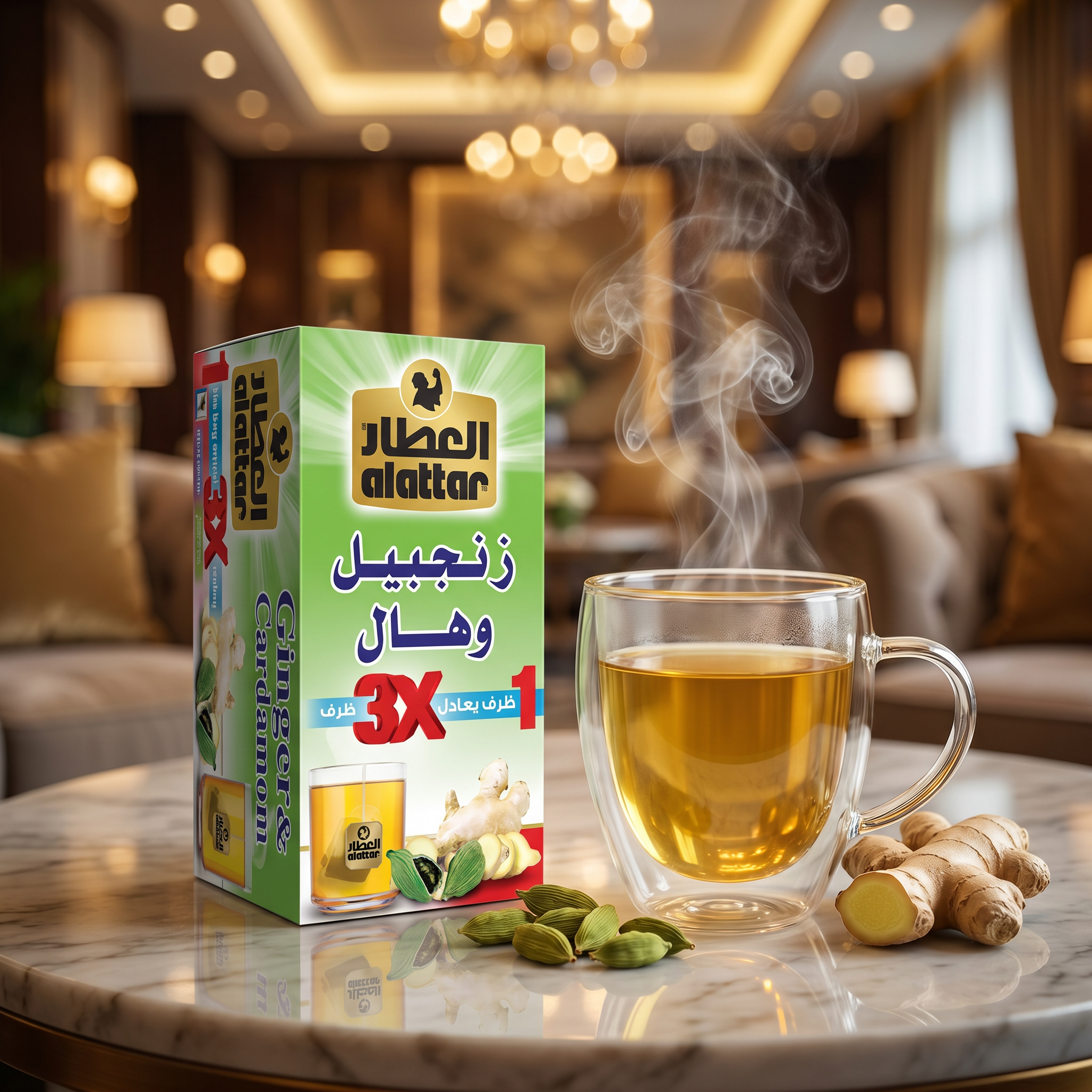 AlAttar Ginger and Cardamom herbal tea bags, strength blend, 20-count, 36g package with colorful tea bag packaging.