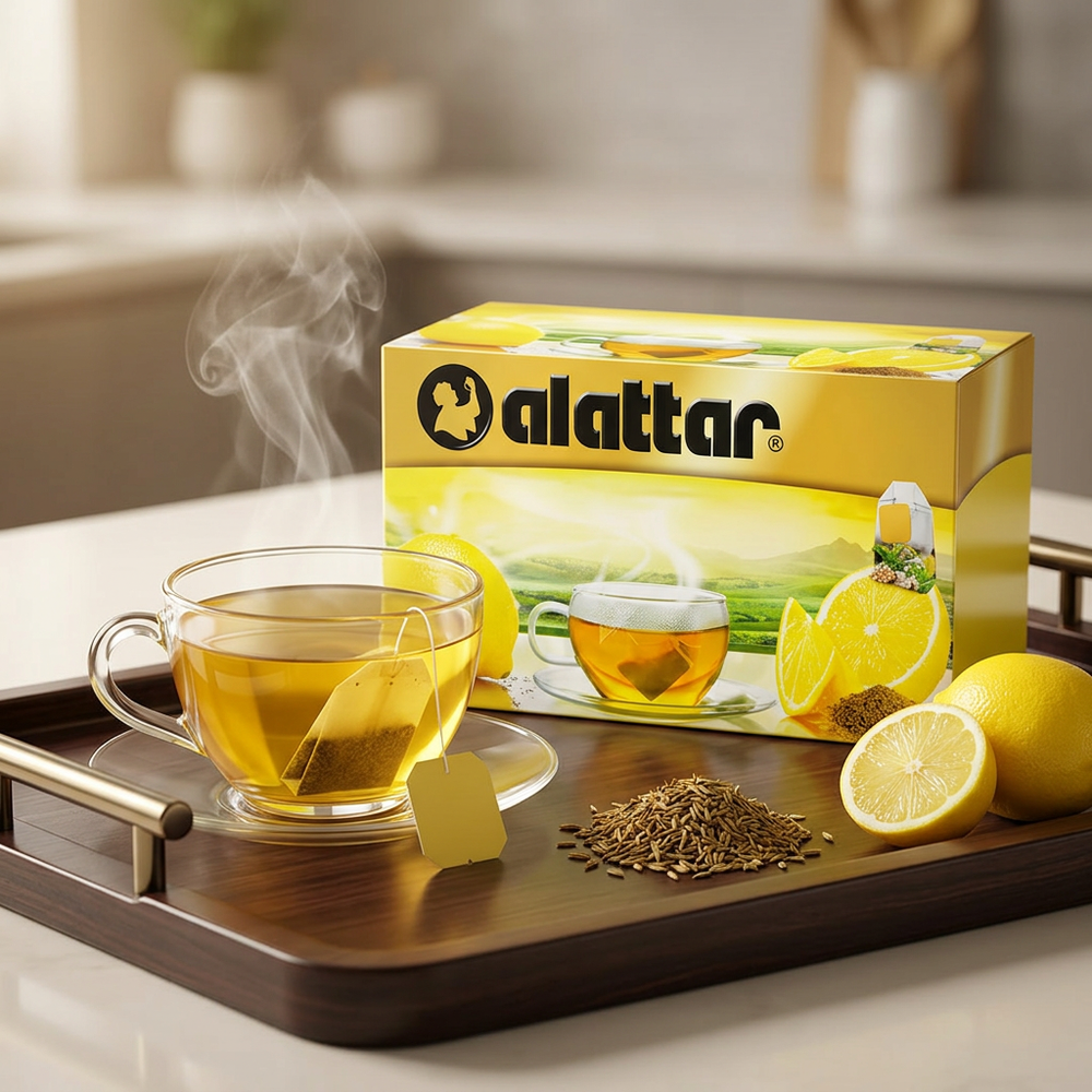 AlAttar cumin and lemon herbal tea box with 20 sugar-free tea bags, natural flavor, and vibrant lemon and cumin images.