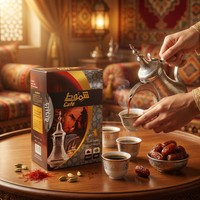 Shammout Café instant Arabic coffee cardamom and saffron mix in a 10-count card, with coffee cups and coffee beans.