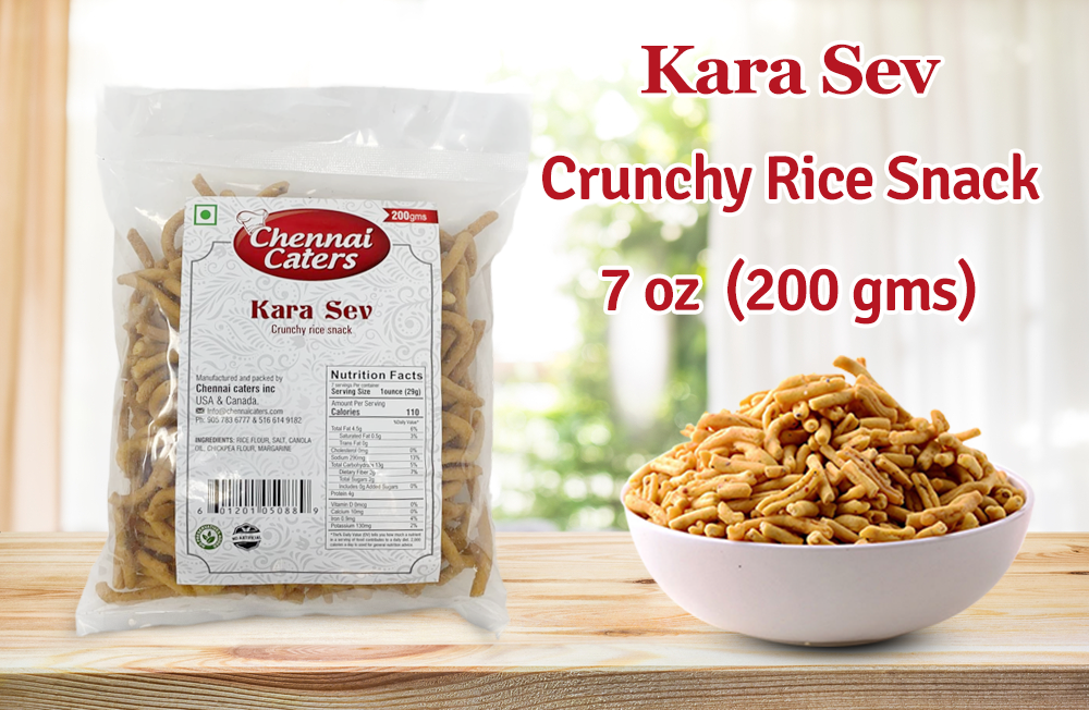 Snacks Chennai Caters: Kara Sev: Crunchy rice snack / Masala Peanuts: Peanuts covered with spices / Madras Mixture: Spicy treats and Chatpata Namkeen / Mullu Murukku (CHAKLI) | Each bag (200g)