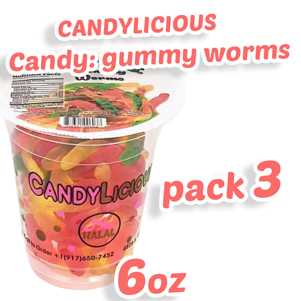 Candy: Candy Licious | Gummy Worms | Mix fruit | HALAL | Sweets & Delicious| Cup |6oz. |170g