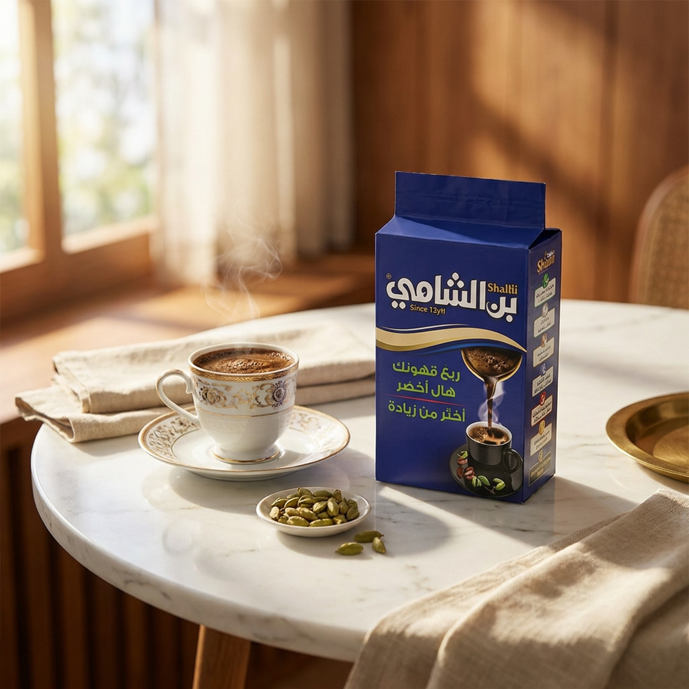 Shami Cafe Cafe Shami Turkish Coffee 200g with green cardamom, showcasing a bag of premium ground Turkish coffee with green cardamom flavor.
