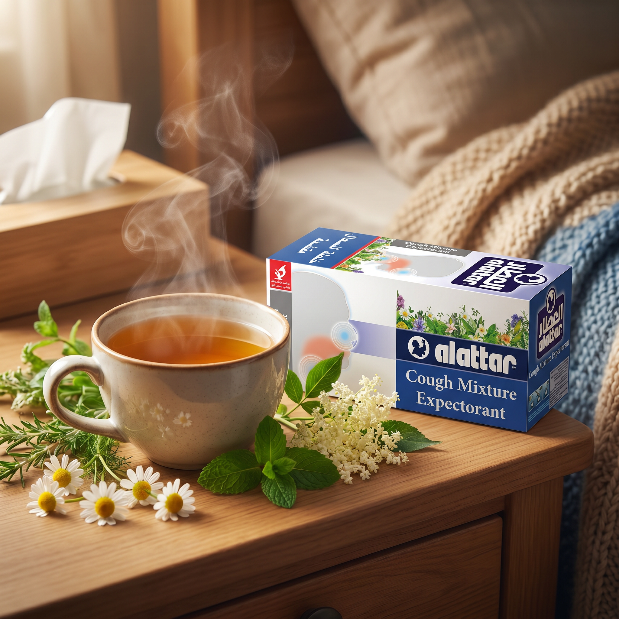 AlAttar Herbal Cough Mixture in a box with 20 bags, expectorant for throat relief and cough relief.