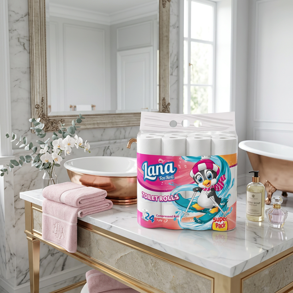 Lana 3-Ply toilet paper soft rolls, 24 count, showing compressed packaging and soft, white toilet paper rolls.