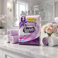 Lana Ultra Soft 3-Ply Tissues in three large packs, showing soft, white facial tissues in an economic bundle.