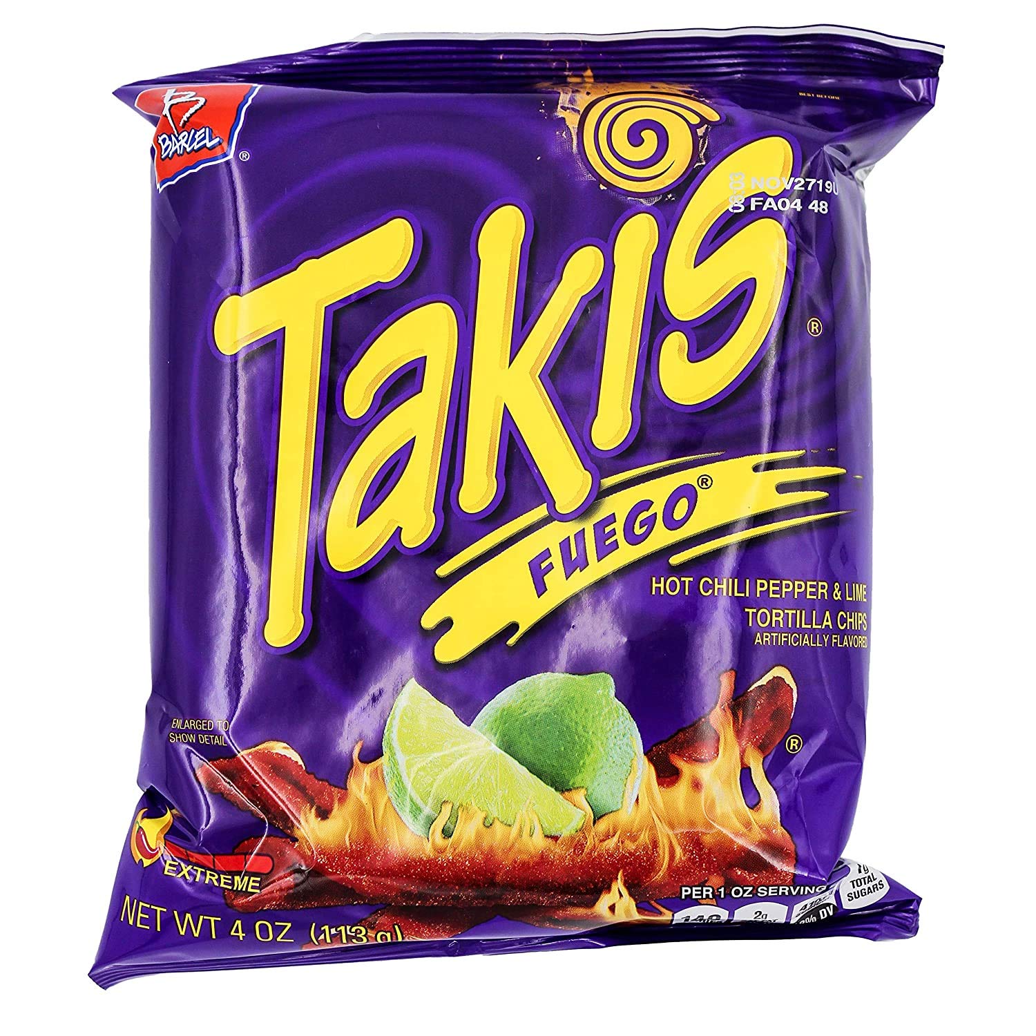 Barcel Takis Fuego Hot Chili Pepper & Lime Tortilla Chips 4 Oz (16 Pack)