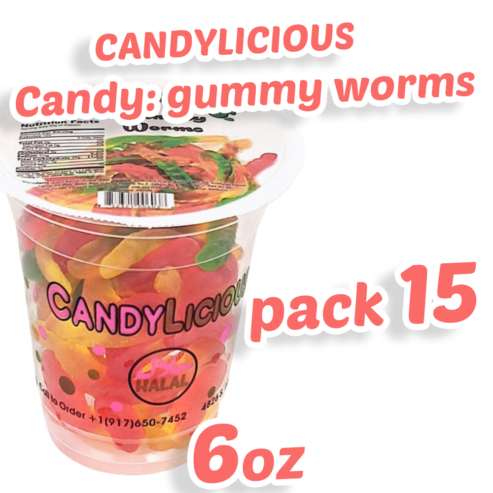 Candy: Candy Licious | Gummy Worms | Mix fruit | HALAL | Sweets & Delicious| Cup |6oz. |170g