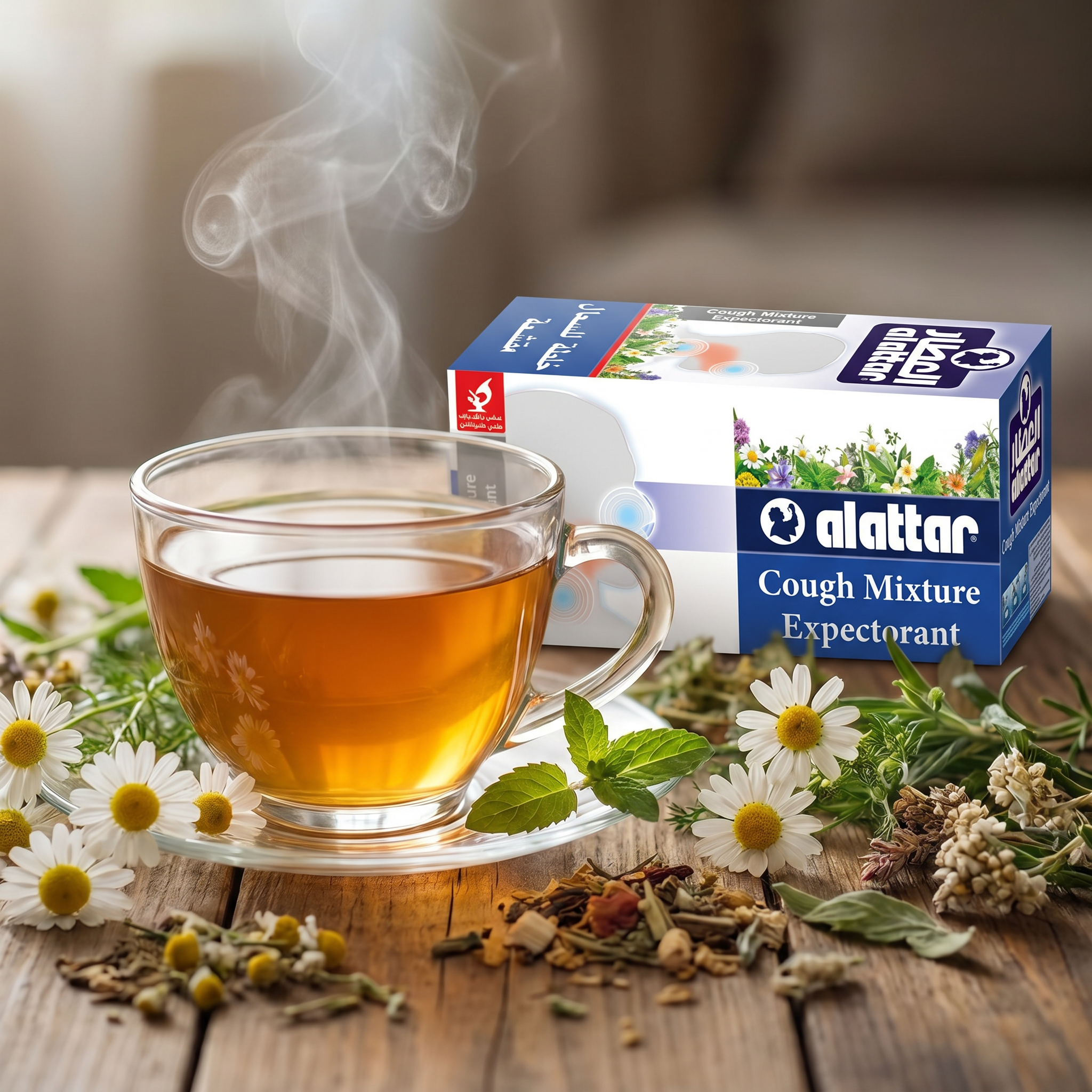 AlAttar Herbal Cough Mixture box with 20 bags, expectorant for throat relief, featuring herbal ingredients and packaging.