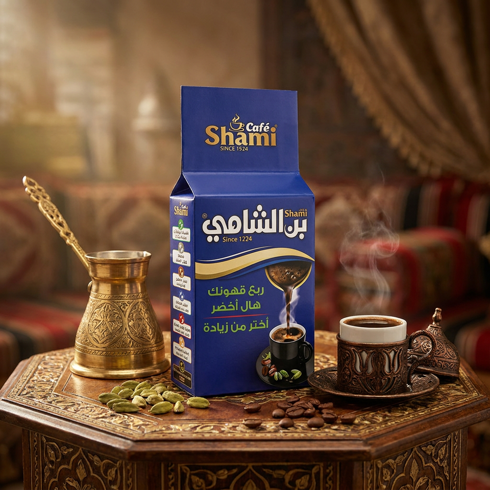 Shami Cafe Turkish Coffee 200g with green cardamom, showing the coffee package with green accents and traditional Turkish design.