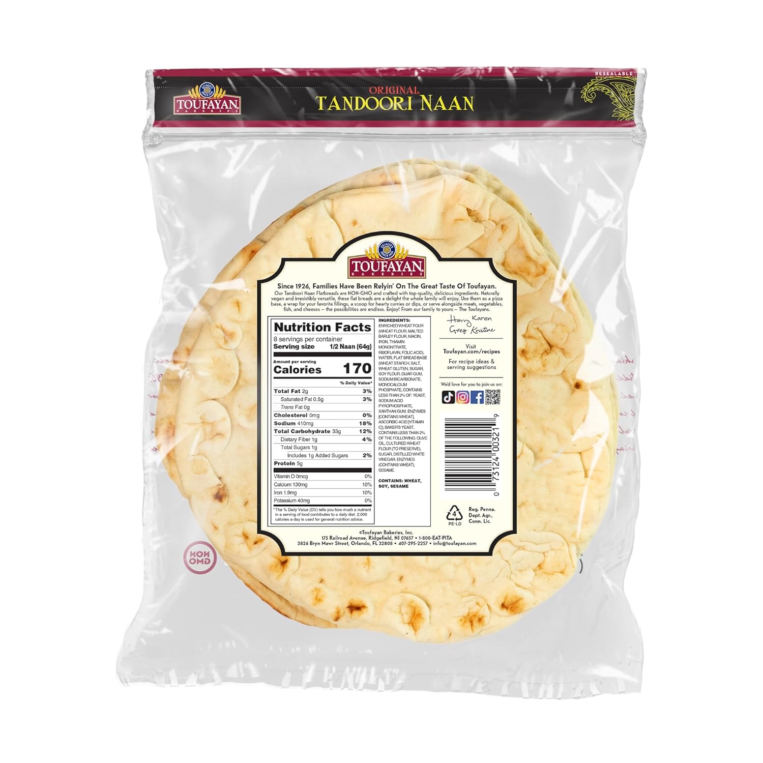 Toufayan Bakeries Original Tandoori Naan 4 Count, 18 Oz Vegan, Non-GMO Authentic Flatbread