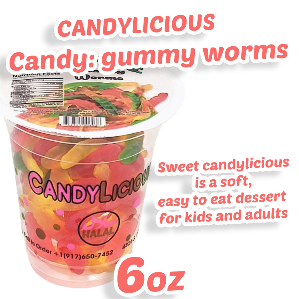 Candy: Candy Licious | Gummy Worms | Mix fruit | HALAL | Sweets & Delicious| Cup |6oz. |170g