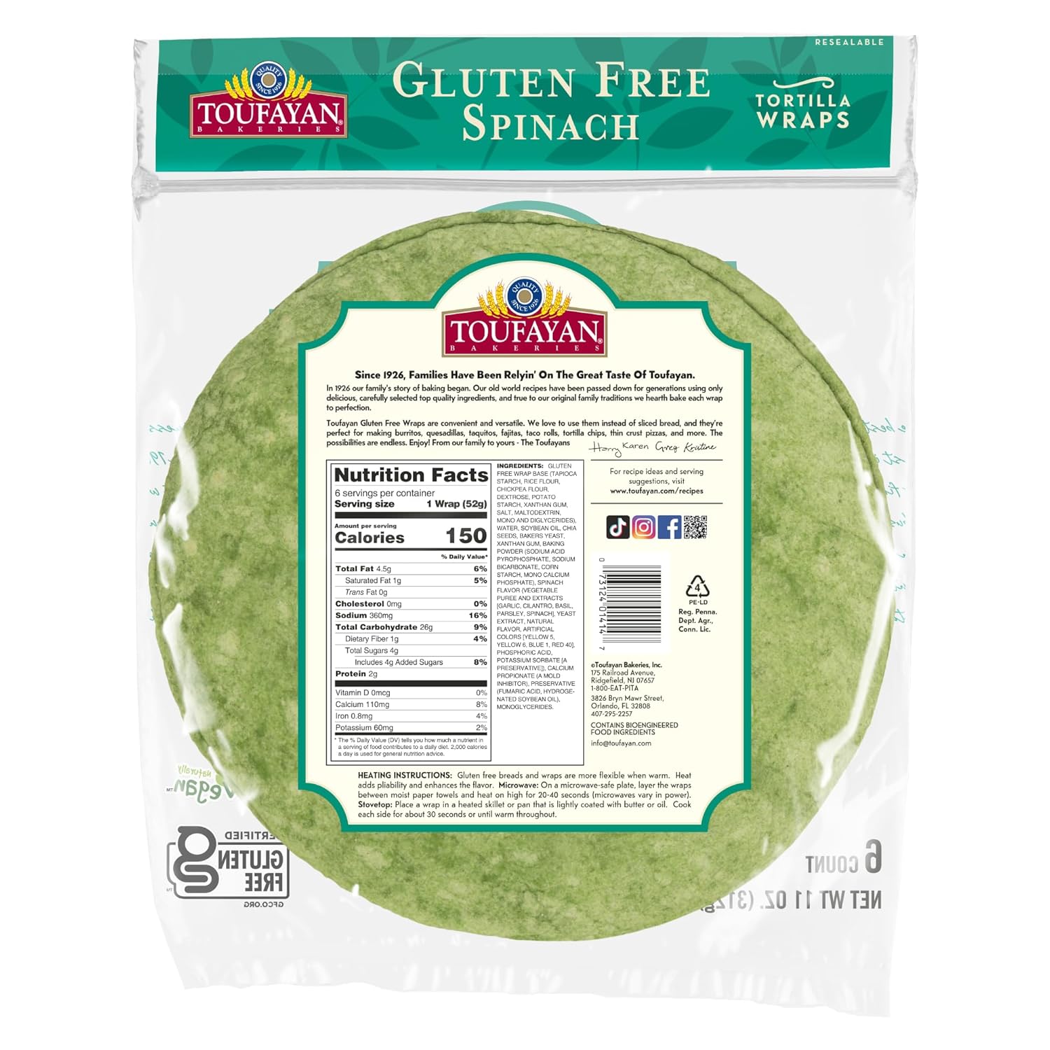Toufayan Gluten Free Tortilla Wraps 6 Count (11 oz) Spinach Flavor Certified Vegan, Resealable Freshness For Sandwiches, Pinwheels & Meal Prep - SANI-LLC