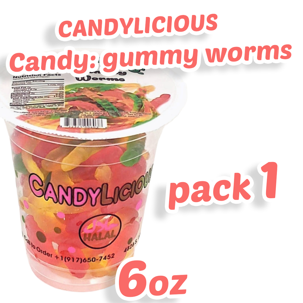 Candy: Candy Licious | Gummy Worms | Mix fruit | HALAL | Sweets & Delicious| Cup |6oz. |170g