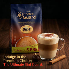 Close-up of Shammout Coffee Guard 3in1 instant coffee mix sachets in creamy flavor with premium quick brew, displayed in a macro shot.
