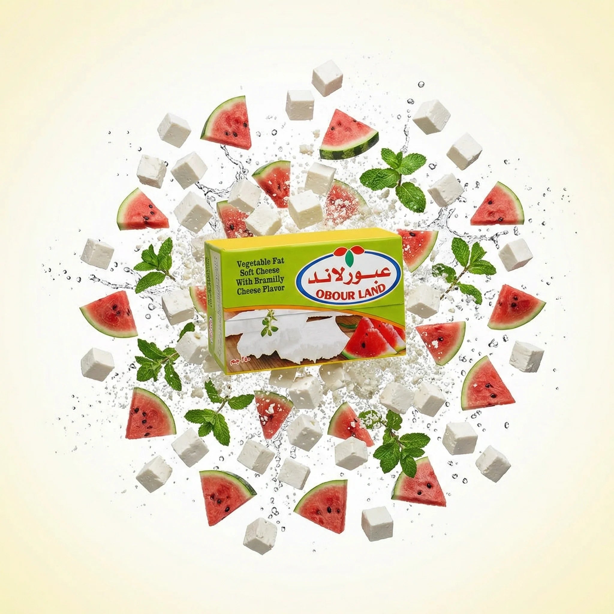 Obour Land soft white vegetable fat cheese with creamy texture, ideal for sandwiches and Mediterranean salads, in 250g package