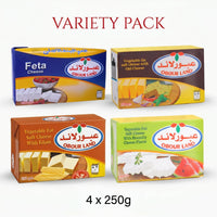 Obour Land Premium soft cheese bundle with four flavors: feta, old cheese, bramilly, and edam in 250g packs, creamy Mediterranean spread.