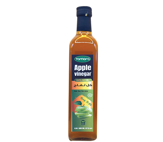 Tamara Natural Apple Vinegar 500ml bottle, unfiltered cooking tonic with clear glass showing the amber liquid and label.