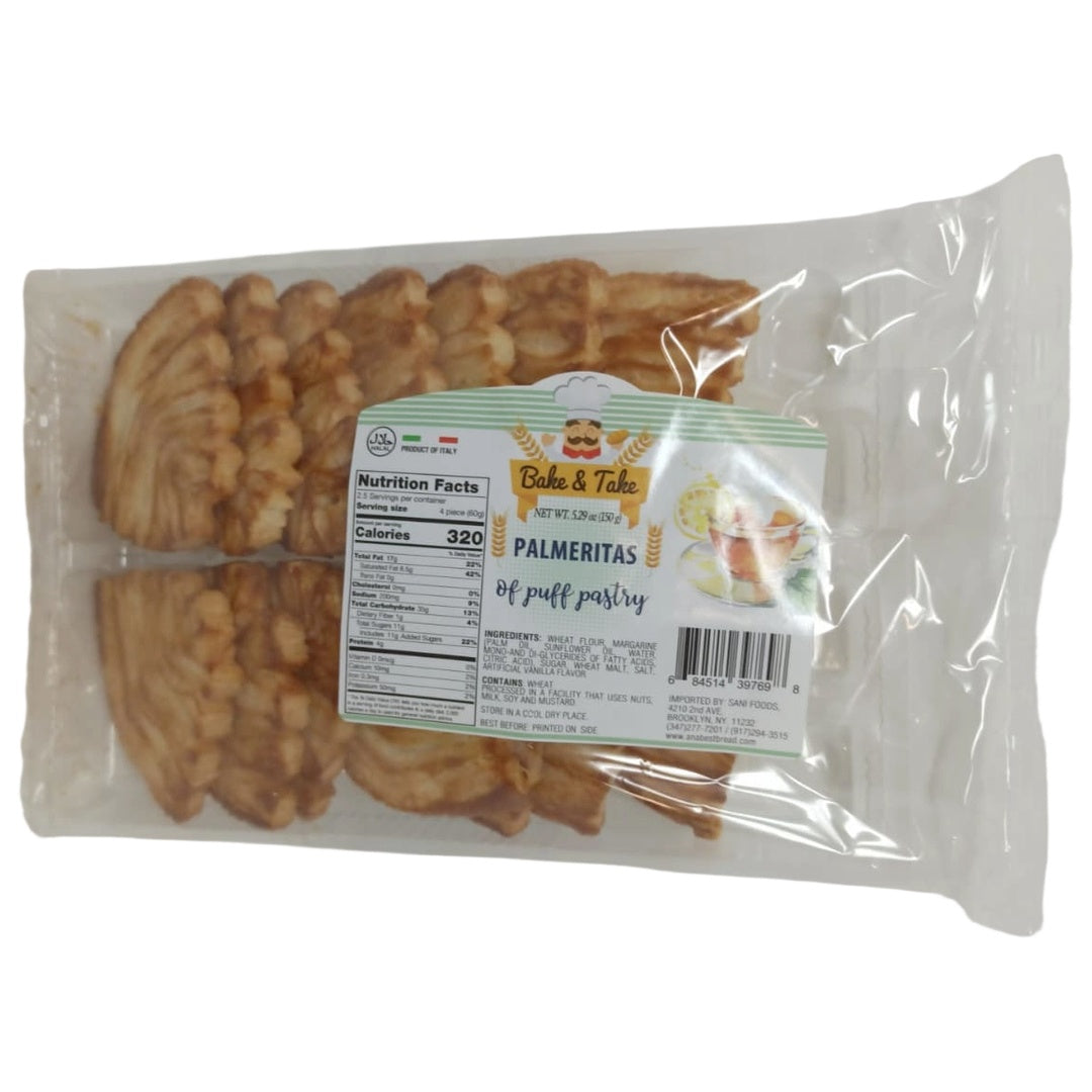 Bake & Take Palmeritas puff pastry snack pack, 12 pieces, golden flaky pastry, gourmet treat ready to enjoy.
