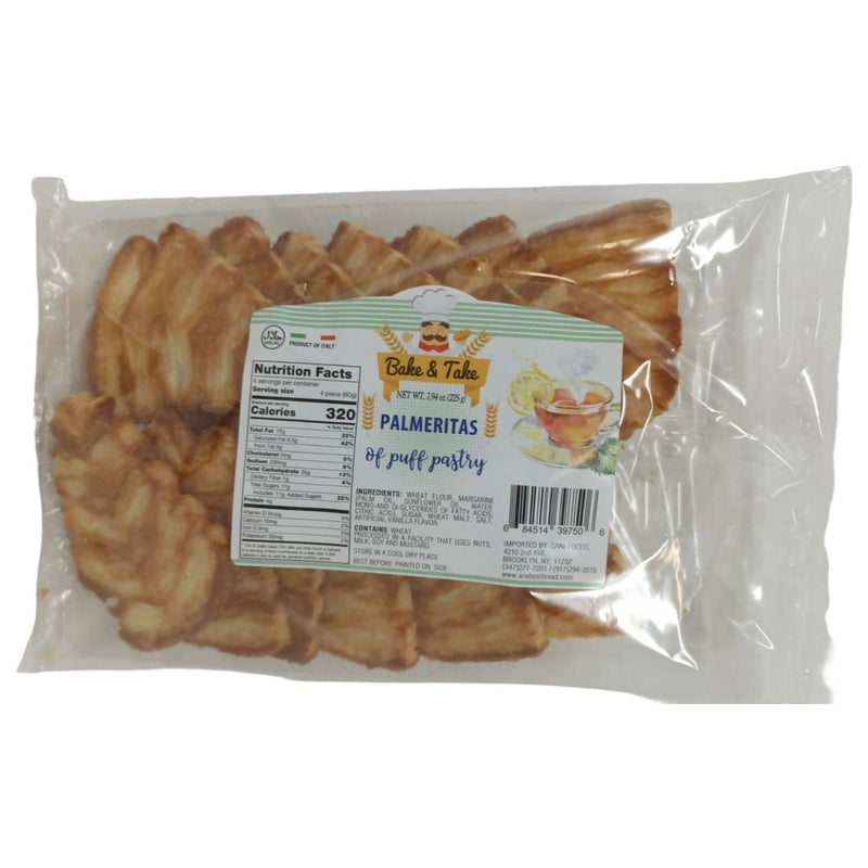 Bake & Take Palmeritas Italian puff pastry cookies 12-pack, golden baked cookies with crispy, flaky texture on a white plate.