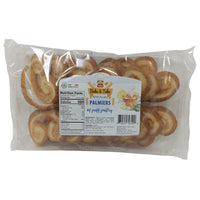 Bake & Take Palmiers Italian puff pastry snacks in 12 packs of 225g each, golden-brown, flaky, and crispy on a white background.
