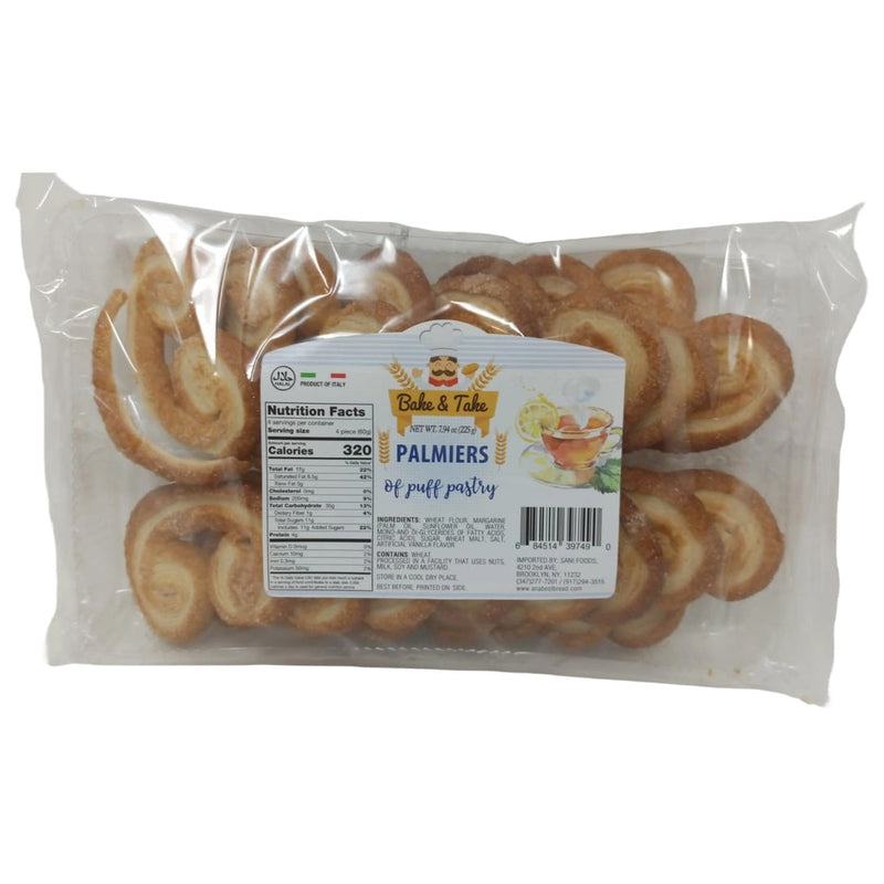 Bake & Take Palmiers Italian puff pastry snacks in 12 packs of 225g each, golden-brown, flaky, and crispy on a white background.