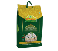 Bag of Bsaten AlSharq Basmati 1121 Sella Rice, extra long grain, 10 lb pack, showing white rice grains in a clear bag