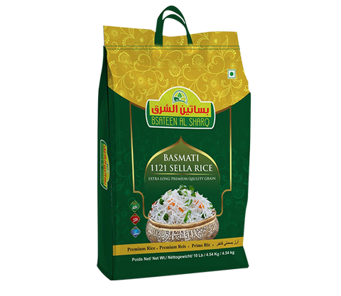 Bag of Bsaten AlSharq Basmati 1121 Sella Rice, extra long grain, 10 lb pack, showing white rice grains in a clear bag