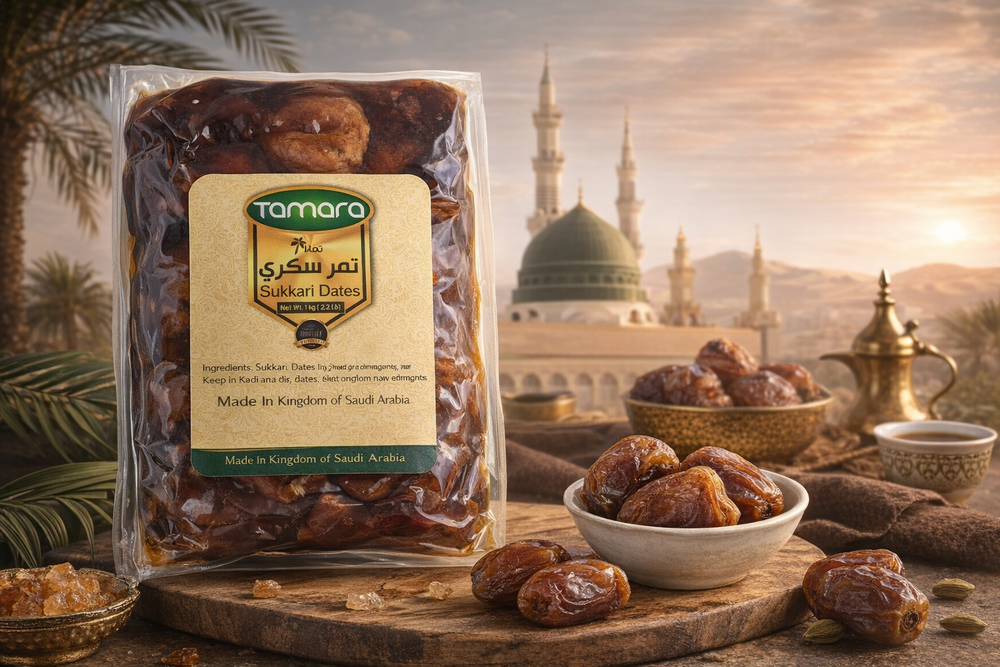 Fresh Tamara Sukkari dates from SANI-LLC, 1kg pack, showcasing glossy, plump, naturally sweet Saudi dates ready to enjoy.