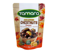 Organic peeled roasted chestnuts by Tamara, 100g package, suitable for cooking and snacking, shown in the image.