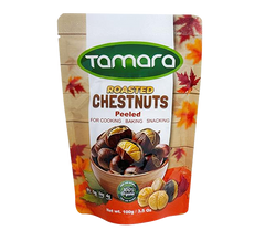 Organic peeled roasted chestnuts by Tamara, 100g package, suitable for cooking and snacking, shown in the image.