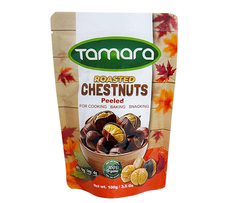 Organic peeled roasted chestnuts by Tamara, 100g package, suitable for cooking and snacking, shown in the image.