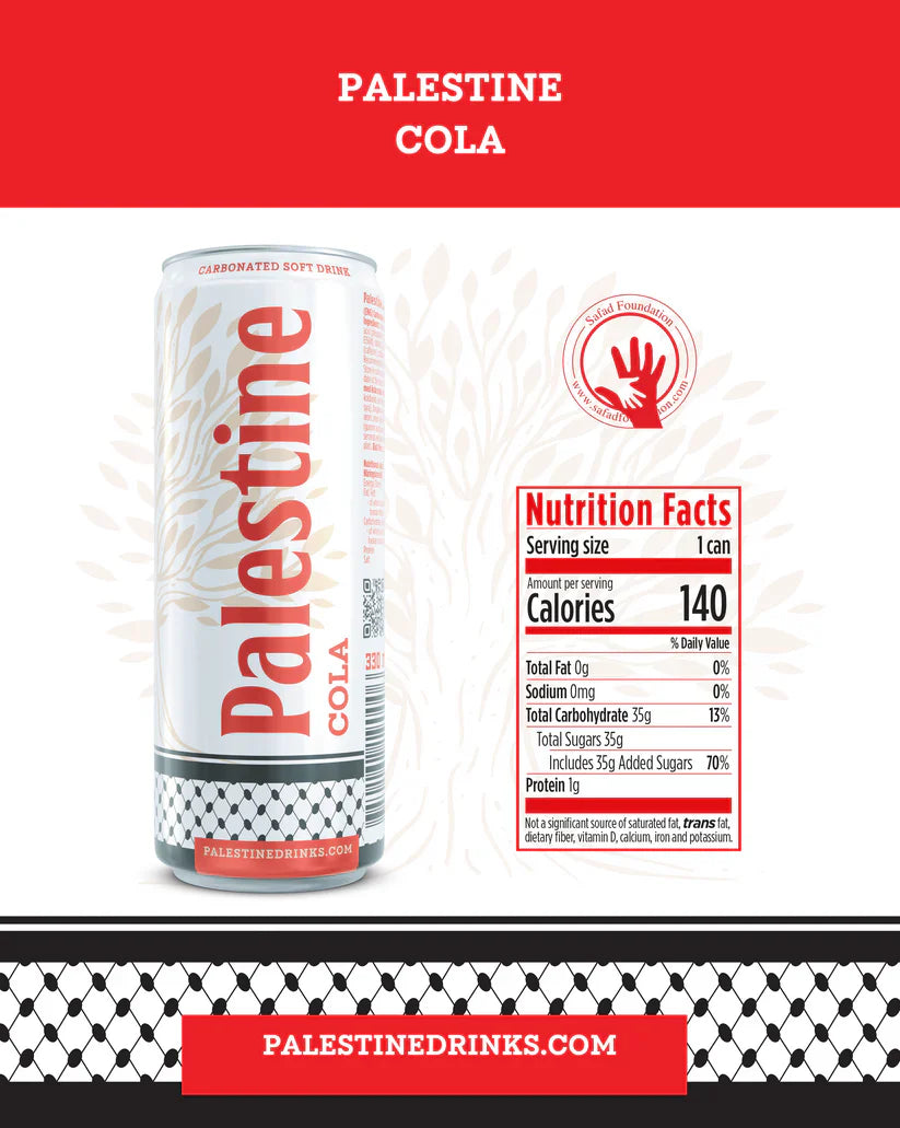 PalestineDrinks Palestine Cola 330ml carbonated soft drink in a glass bottle with a red label and bubbling soda inside.
