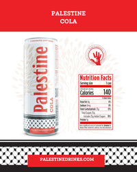 PalestineDrinks Palestine Cola 330ml carbonated soft drink in a glass bottle with a red label and bubbling soda inside.
