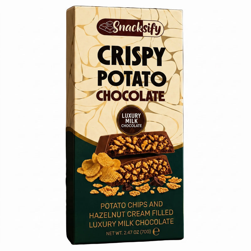 Snacksify Crispy Potato Chocolate Bar 2.47 oz (70g) Luxury Milk Chocolate with Potato Chips and Hazelnut Cream Filling - Gourmet Sweet and Salty Crunchy Snack Gift