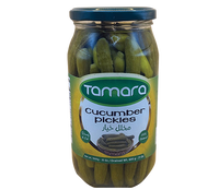 Tamara 1000g jar of natural whole cucumber pickles, crispy gherkins in brine, ideal for snacking or adding flavor to dishes.