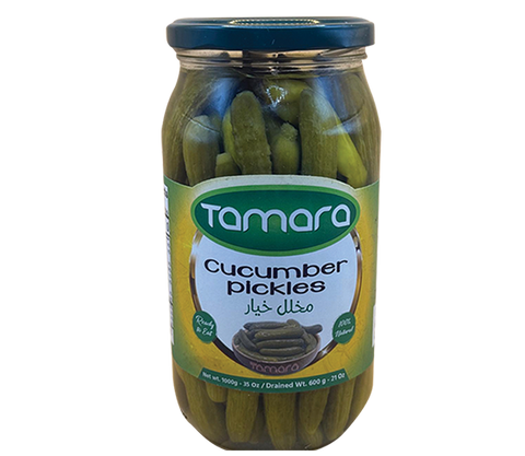 Tamara 1000g jar of natural whole cucumber pickles, crispy gherkins in brine, ideal for snacking or adding flavor to dishes.