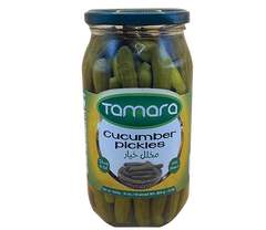 Tamara 1000g jar of natural whole cucumber pickles, crispy gherkins in brine, ideal for snacking or adding flavor to dishes.