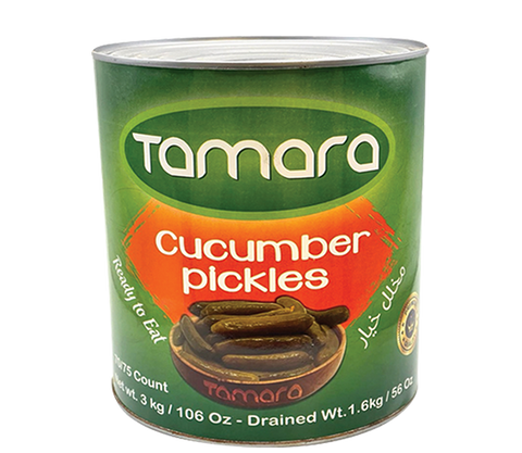 Tamara whole cucumber pickles in a 3kg tin, ready to eat side dish, featuring fresh, crunchy cucumbers preserved in brine.