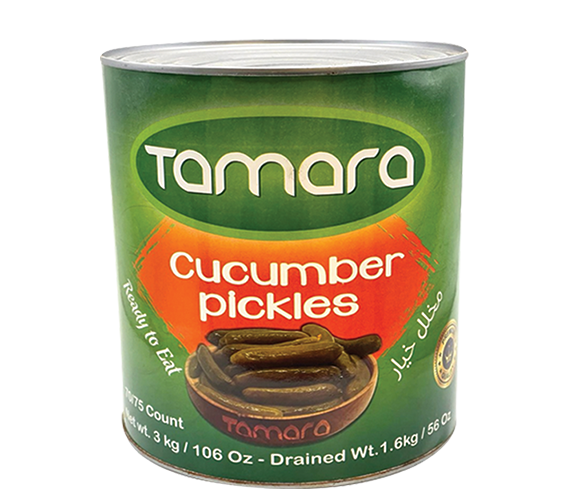 Tamara whole cucumber pickles in a 3kg tin, ready to eat side dish, featuring fresh, crunchy cucumbers preserved in brine.
