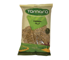 Tamara cracked green freekeh, roasted young wheat whole grain, shown in the 2lb package, with a focus on the dried green grains.