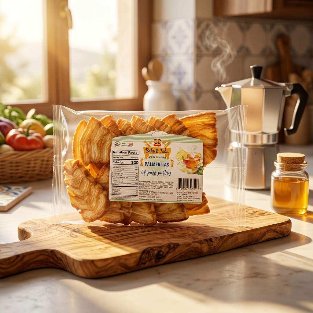 Bake & Take Palmeritas 12-pack Italian puff pastry cookies arranged on a plate, showcasing golden, flaky palmier pastries.