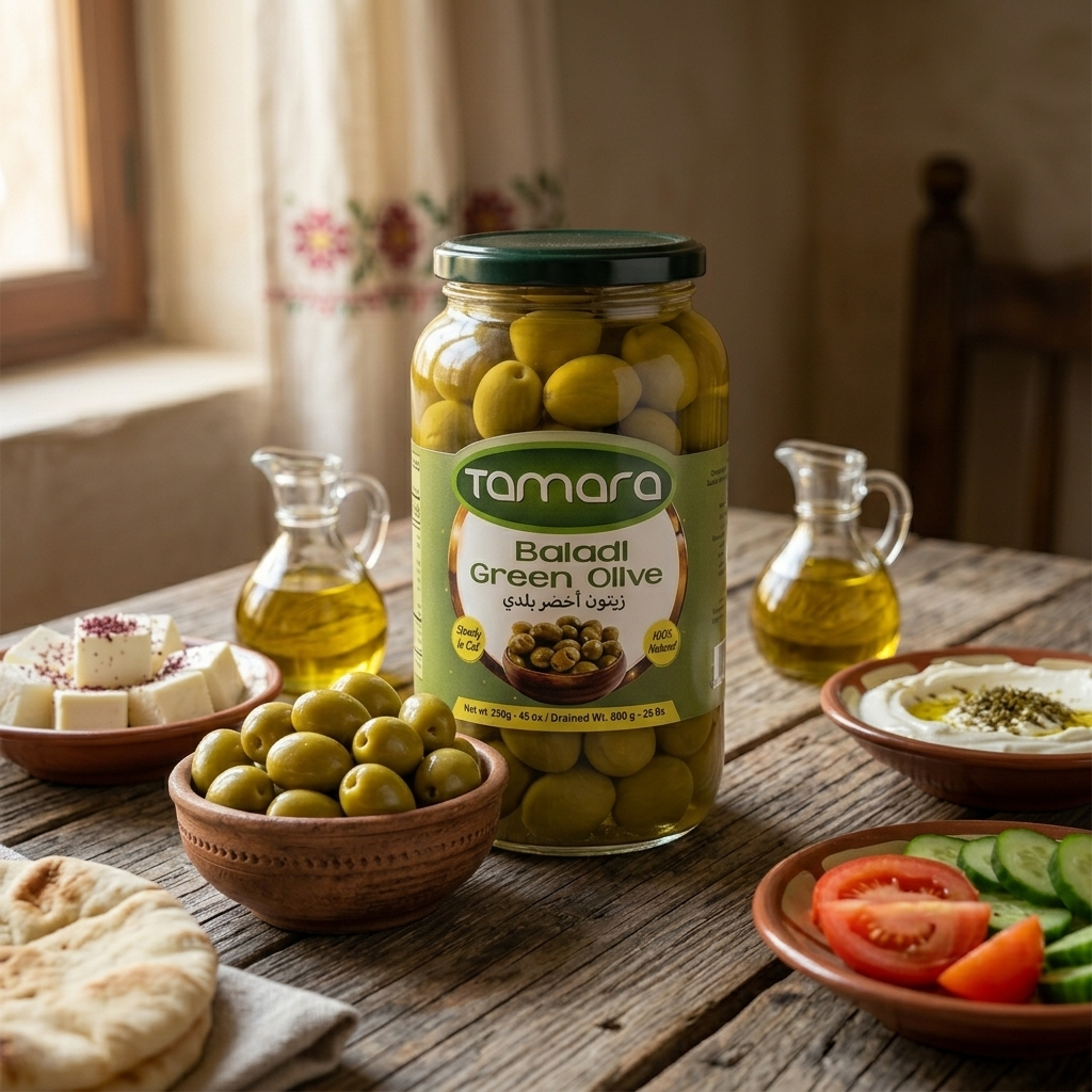 Tamara Baladi green olives in a glass jar, showcasing 45oz of natural Mediterranean snack with green olives visible inside the jar.
