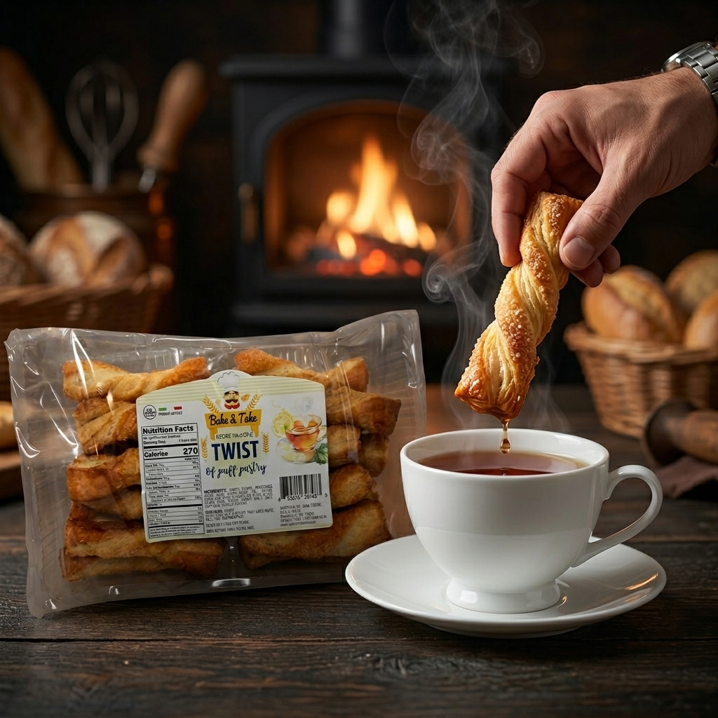 Bake & Take Puff Pastry Twists 12-pack with sweet Italian flavor, golden baked pastry twists on a white plate.